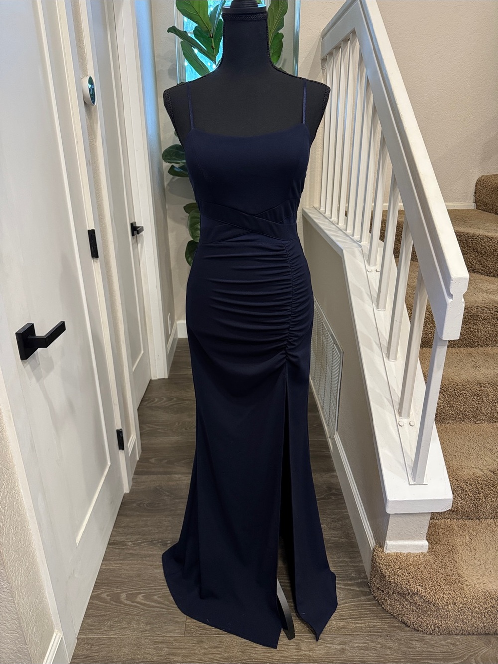 Emerald Sundae Navy Ruched Spaghetti Strap Gown with Side Slit